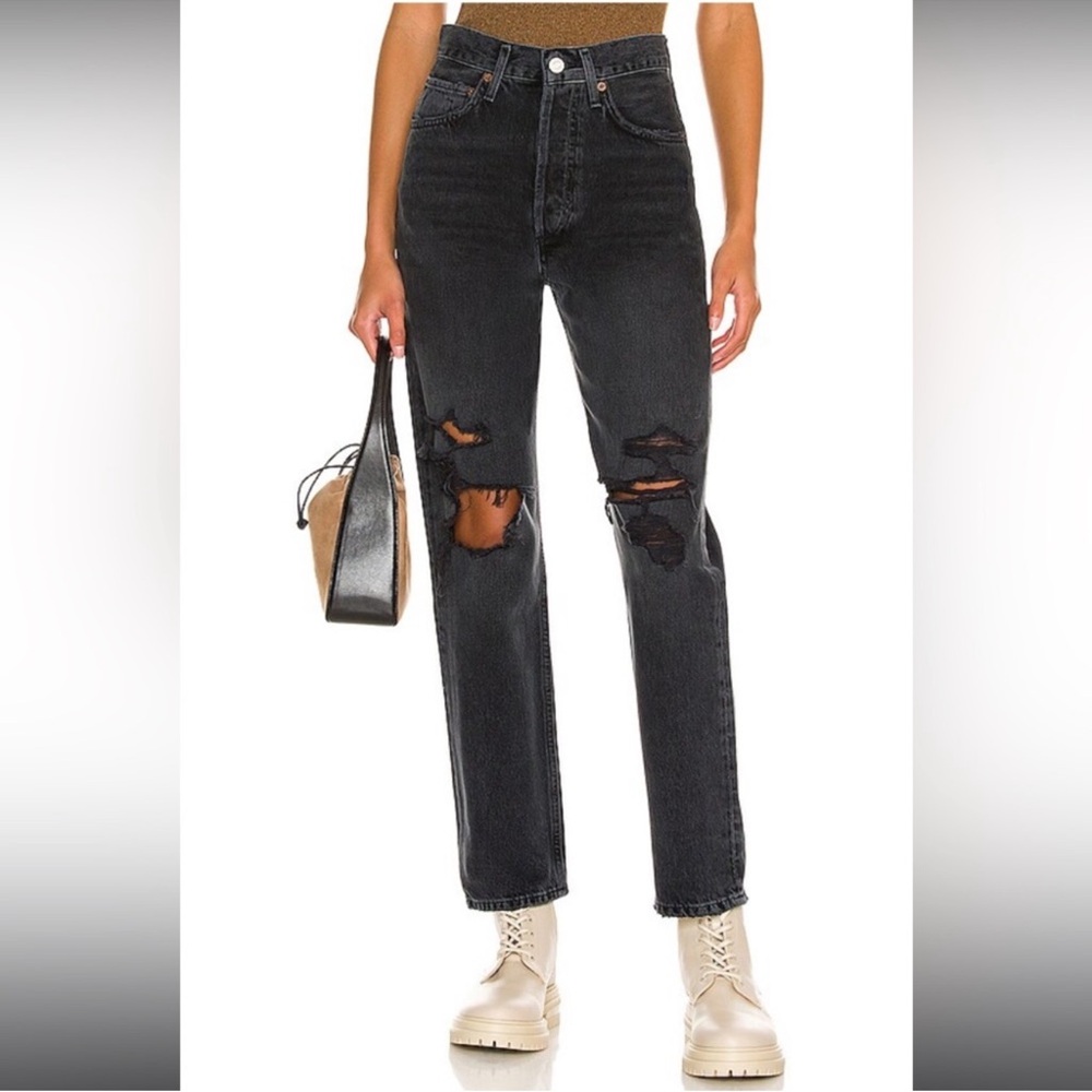 Agolde 90s Mid Rise Loose Distressed Black Jeans in Vagabond Size 26 Edgy Rock
